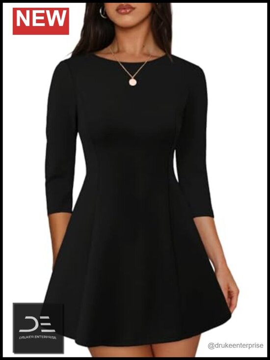 Dresses & Skirts - Women A-Line Boat Neck Mini Dress 3/4 Sleeve Soft Stretchy